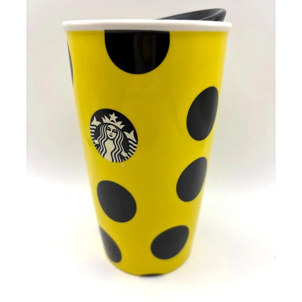 Starbucks 2015 Yellow Polka Dot Mermaid Siren Logo Tumbler Travel Mug NEW